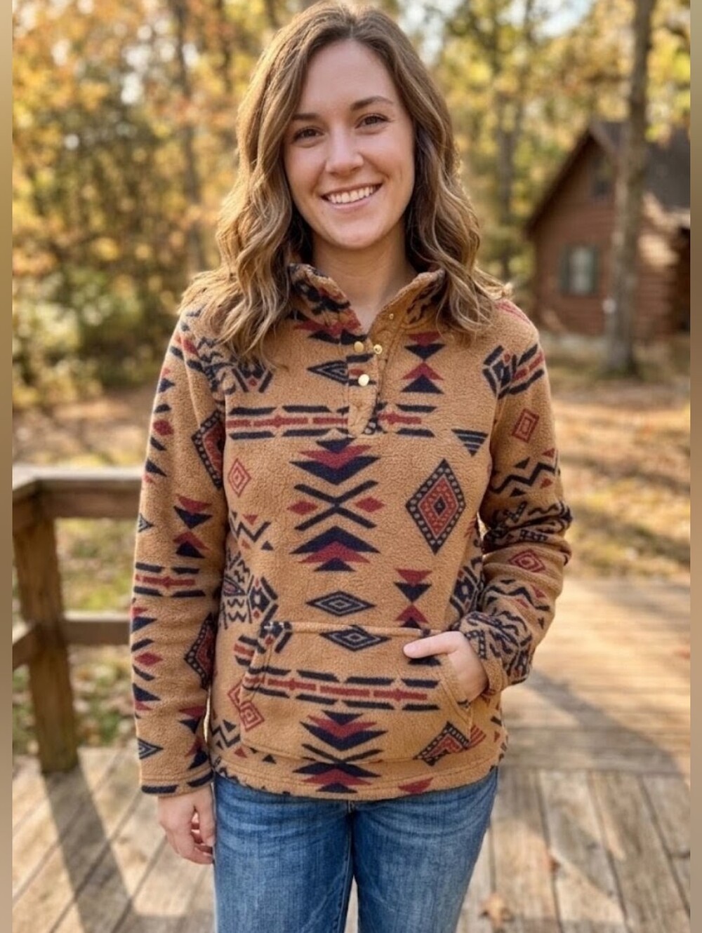 Back In The Saddle Cozy Aztec-Print Pullover Sweater in Camel Size L
